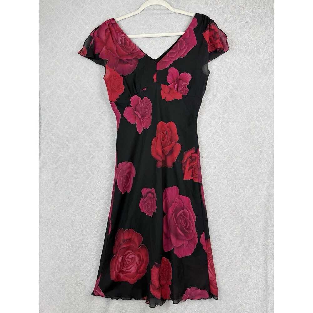 Vtg Y2K Chiffon Dress Medium Red Pink Floral Fluttery Empire Waist Whimsy Fairy